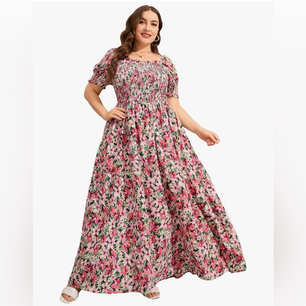 Floral Puff Sleeve Smocked Flowing Lightweight Maxidress Makemechic
